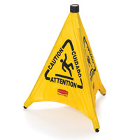 RUBBERMAID® YELLOW POP-UP FLOOR SAFETY CONES 20" Multi-lingual caution & wet floor symbol 21x21x20"