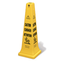 RUBBERMAID® 4-SIDED SQUARE YELLOW SAFETY CONES "Caution" 36" cone multi-lingual 12.25x12.25x36"
