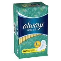 ALWAYS ULTRATHIN UNSCENTED REGULAR PADS WITH WINGS 6 boxes with 36 pads per box 