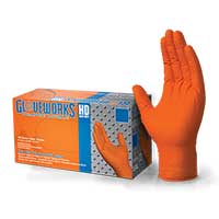 GLOVEWORKS® DIAMOND TEXTURED NITRILE GLOVES (Orange) Small (Packed 100/box) 8 Mil Thick, Powder Free