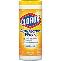 CLOROX® DISINFECTANT WIPES (OUT OF STOCK - DUE IN 4/30) Lemon Scent. 12 canisters containing 35 wipes each.