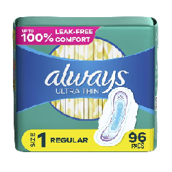 ALWAYS ULTRA THIN REGULAR PADS WITH WINGS, UNSCENTED Packed 96 